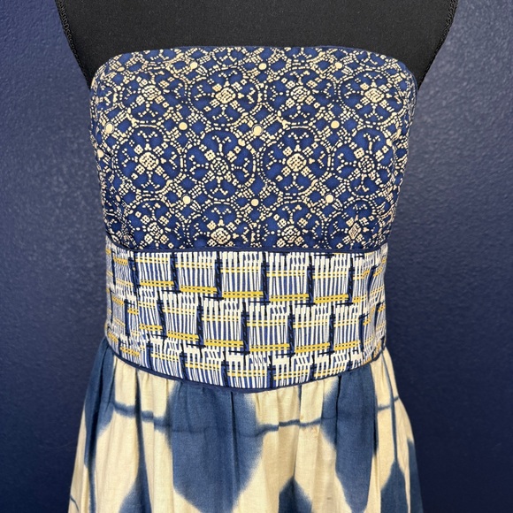 Anthropologie Maeve Boho Shibori Tie Dye Strapless Dress, Blue & Tan, Size 8 - Picture 2 of 15